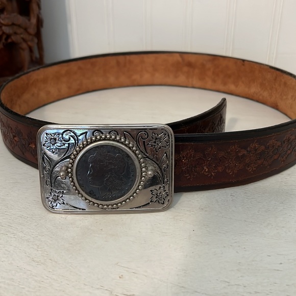 Other - Vintage Morgan sterling silver dollar belt buckle hand tooled leather belt